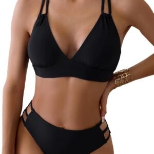 Women's Sexy V Neck Bikini Sets Hollow Out Two Piece Swimsuits Cutout Mid Waist Bathing Suit